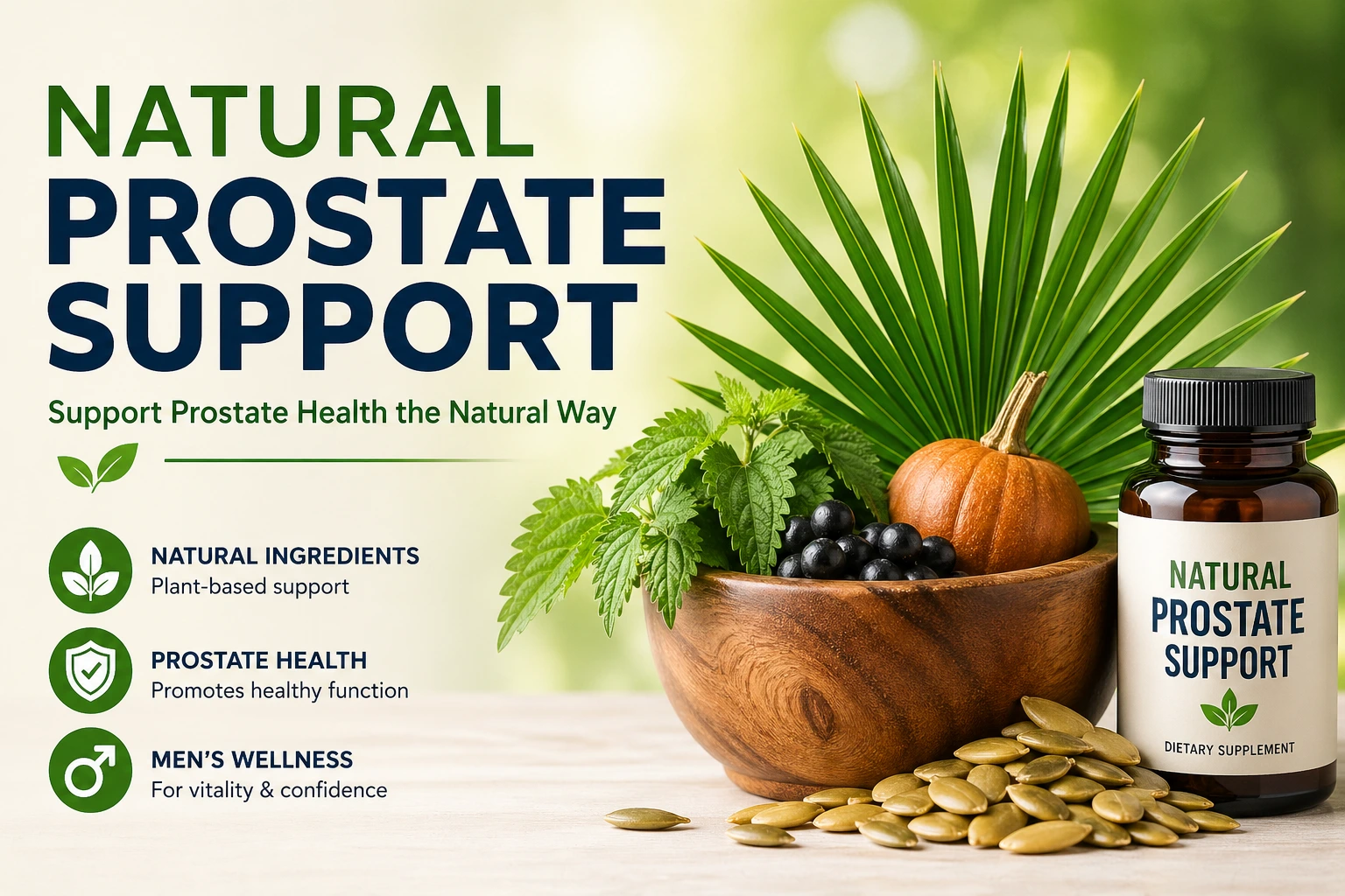Natural Prostate Support supplement bottle with saw palmetto, pumpkin seeds, and herbal ingredients promoting prostate health and men's wellness