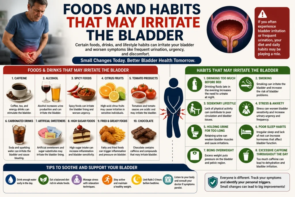 Bladder health infographic showing foods, drinks, and lifestyle habits that can worsen frequent urination, bladder irritation, urgency, and discomfort in men over 40.