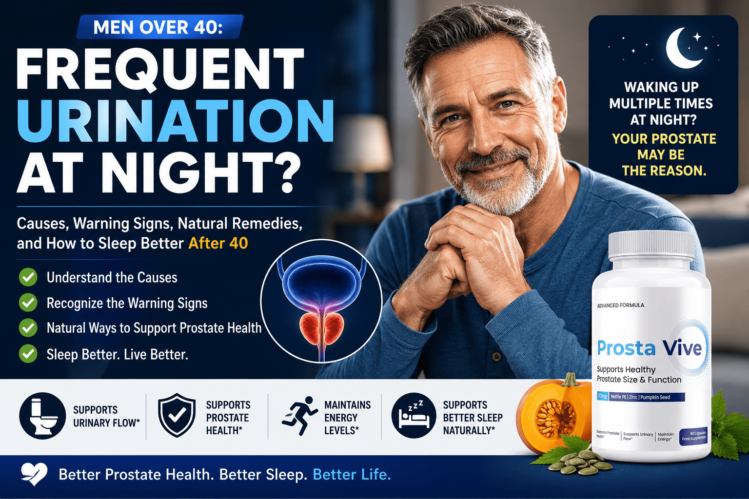 Middle-aged man smiling beside prostate health supplement bottle with text about frequent urination at night, warning signs, natural remedies, and better sleep after 40.