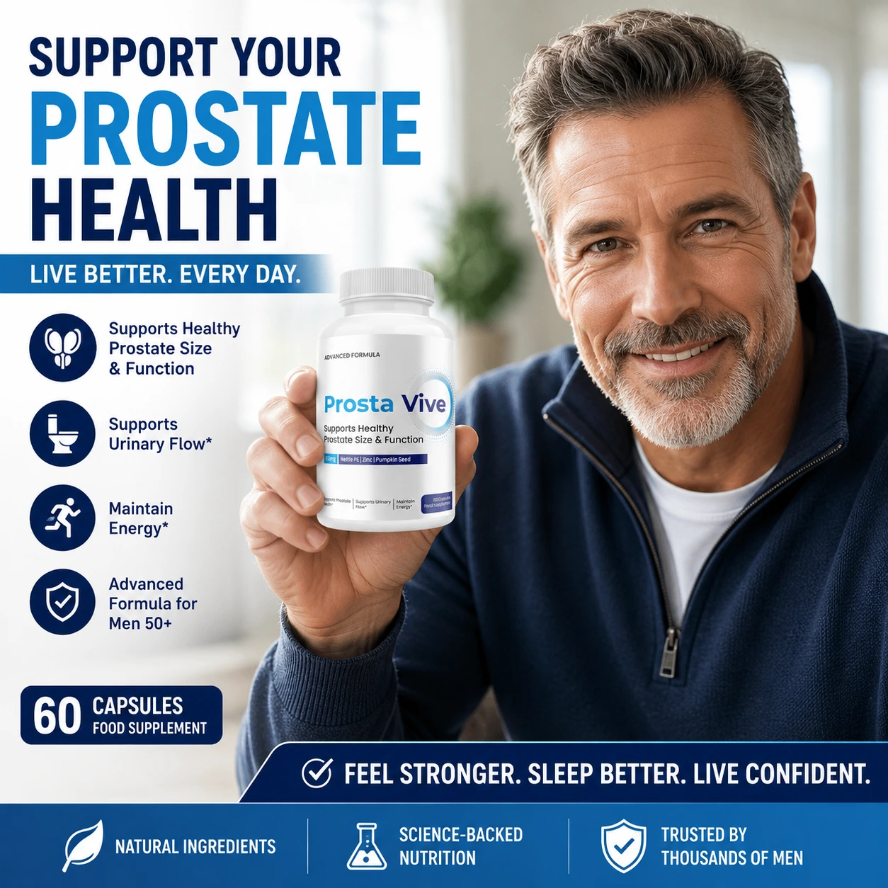 Smiling man over 50 holding Prosta Vive prostate supplement bottle promoting healthy prostate size, urinary flow support, better sleep, and daily energy for men’s health.