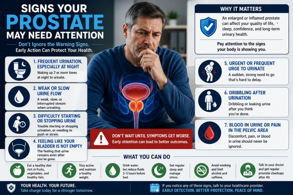 Men’s prostate health infographic featuring enlarged prostate symptoms including nighttime urination, dribbling after urination, pelvic pain, blood in urine, and urgent bladder urges.