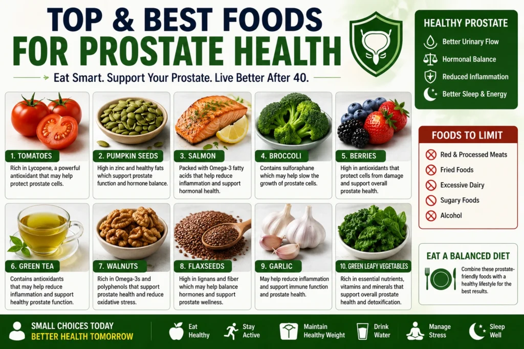 Prostate health foods infographic featuring healthy foods for men over 40 that support urinary flow, reduce inflammation, improve sleep, and promote overall prostate wellness.
