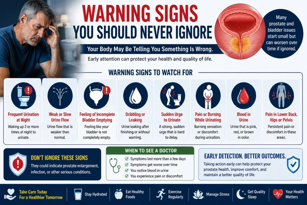 Men’s prostate health warning signs infographic featuring nighttime urination, bladder emptying problems, urine leakage, pelvic pain, and when to see a doctor.